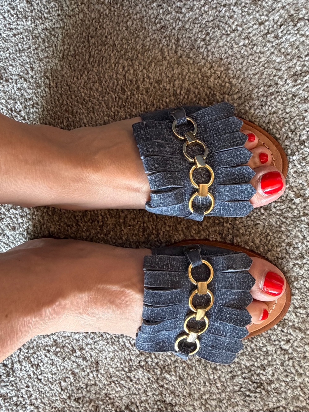kate spade Denim Blue Fringe Slide Sandals with Gold Chain - Picture 14 of 14